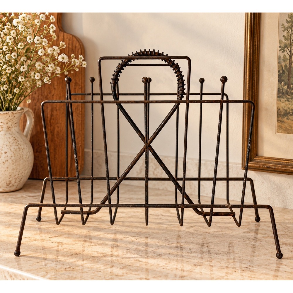 Vintage Mid Century Modern Wire Magazine Rack Industrial Metal Record Holder